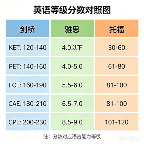 英语A等级分数对照表